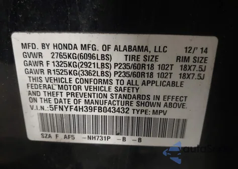2015 Honda Pilot Se from USA, damaged, VIN 5FNYF4H39FB043432
